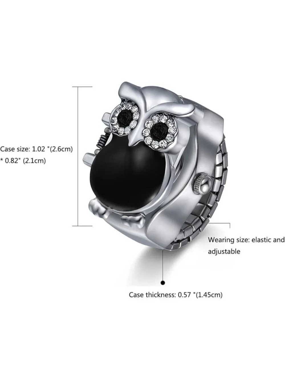 Unisex Black Analog Quartz Stylish Owl Flip-Open Cover Adjustable Ring Watch